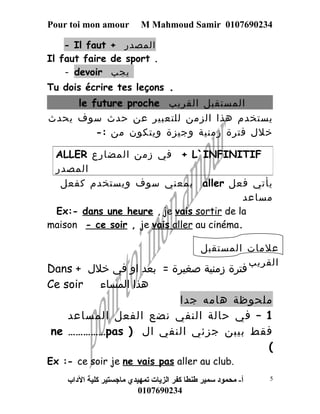 Pour toi mon amour M Mahmoud Samir 0107690234 
- Il faut + المصدر 
Il faut faire de sport . 
- devoir يجب 
Tu dois écrire tes leçons . 
le future proche المستقبل القريب 
يستخدم هذا الزمن للتعبير عن حدث سوف يحدث 
خلل فترة زمنية وجيزة ويتكون من :- 
ALLER في زمن المضارع + L`INFINITIF 
بمعني سوف ويستخدم كفعل aller يأتي فعل 
مساعد 
Ex:- dans une heure , je vais sortir de la 
maison - ce soir , je vais aller au cinéma. 
علمات المستقبل 
القريب 
Dans + فترة زمنية صغيرة = بعد او في خلل 
Ce soir هذا المساء 
ملحوظة هامه جدا 
1 – في حالة النفي نضع الفعل المساعد 
ne ……………pas ) فقط بيبن جزئي النفي ال 
( 
Ex :- ce soir je ne vais pas aller au club. 
أ- محمود سمير طنطا كفر الزيات تمهيدي ماجستير كلية الداب 
0107690234 
المصدر 
5 
 