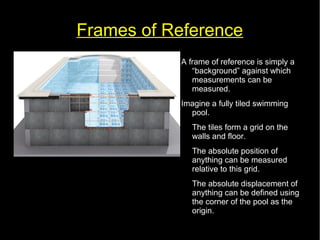 Frames of Reference 
A frame of reference is simply a 
“background” against which 
measurements can be 
measured. 
Imagine a fully tiled swimming 
pool. 
The tiles form a grid on the 
walls and floor. 
The absolute position of 
anything can be measured 
relative to this grid. 
The absolute displacement of 
anything can be defined using 
the corner of the pool as the 
origin. 
 
