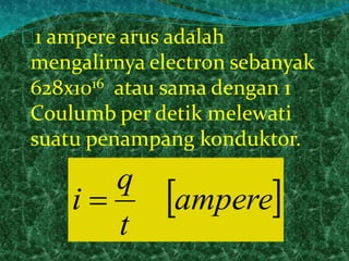 1 ampere arus adalah 
mengalirnya electron sebanyak 
628x1016 atau sama dengan 1 
Coulumb per detik melewati 
suatu penampang konduktor. 
ampere 
q 
t 
i  
 