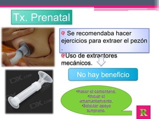 Tx. Prenatal 
Se recomendaba hacer 
ejercicios para extraer el pezón 
. 
Uso de extractores 
mecánicos. 
No hay beneficio 
 