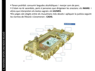 1. MAHOMA DIFON UNA NOVA RELIGIÓ 
 Tenen prohibit: consumir begudes alcohòliques i menjar carn de porc. 
 L’islam no té sacerdots, però sí persones que dirigeixen les oracions: els IMANS i 
altres que interpreten els textos sagrats: els ULEMES. 
Els jutges són elegits entre els musulmans més devots i apliquen la justícia seguint 
les normes de l’Alcorà i s’anomenen : CADIS. 
 