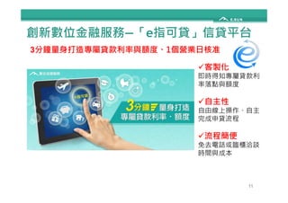 創新數位金融服務—「e指可貸」信貸平台 
3分鐘量身打造專屬貸款利率與額度、1個營業日核准 
客製化 
即時得知專屬貸款利 
率落點與額度 
自主性
自由線上操作、自主 
完成申貸流程 
流程簡便 
免去電話或臨櫃洽談 
時間與成本 
11 
 