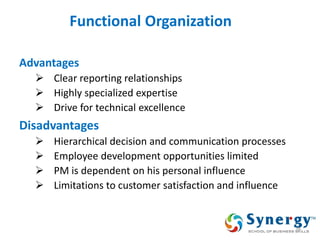Functional Organization 
Advantages 
Clear reporting relationships 
Highly specialized expertise 
Drive for technical excellence 
Disadvantages 
Hierarchical decision and communication processes 
Employee development opportunities limited 
PM is dependent on his personal influence 
Limitations to customer satisfaction and influence 
38  