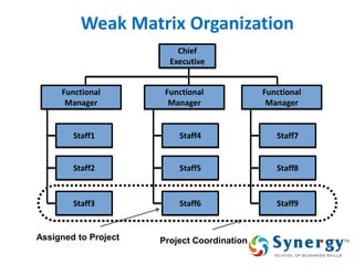 Weak Matrix Organization 
42 
Chief 
Executive 
Staff1 
Staff2 
Staff3 
Staff4 
Staff5 
Staff6 
Staff7 
Staff8 
Staff9 
Functional 
Manager 
Functional 
Manager 
Functional 
Manager 
Project Coordination 
Assigned to Project  