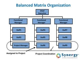 Balanced Matrix Organization 
44 
Chief 
Executive 
Staff1 
Staff2 
Project Manager 
Staff4 
Staff5 
Staff6 
Staff7 
Staff8 
Staff9 
Functional 
Manager 
Functional 
Manager 
Functional 
Manager 
Project Coordination 
Assigned to Project  