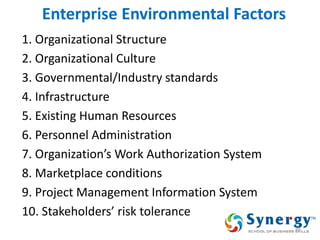 Enterprise Environmental Factors 
1. Organizational Structure 
2. Organizational Culture 
3. Governmental/Industry standards 
4. Infrastructure 
5. Existing Human Resources 
6. Personnel Administration 
7. Organization’s Work Authorization System 
8. Marketplace conditions 
9. Project Management Information System 
10. Stakeholders’ risk tolerance 
48  
