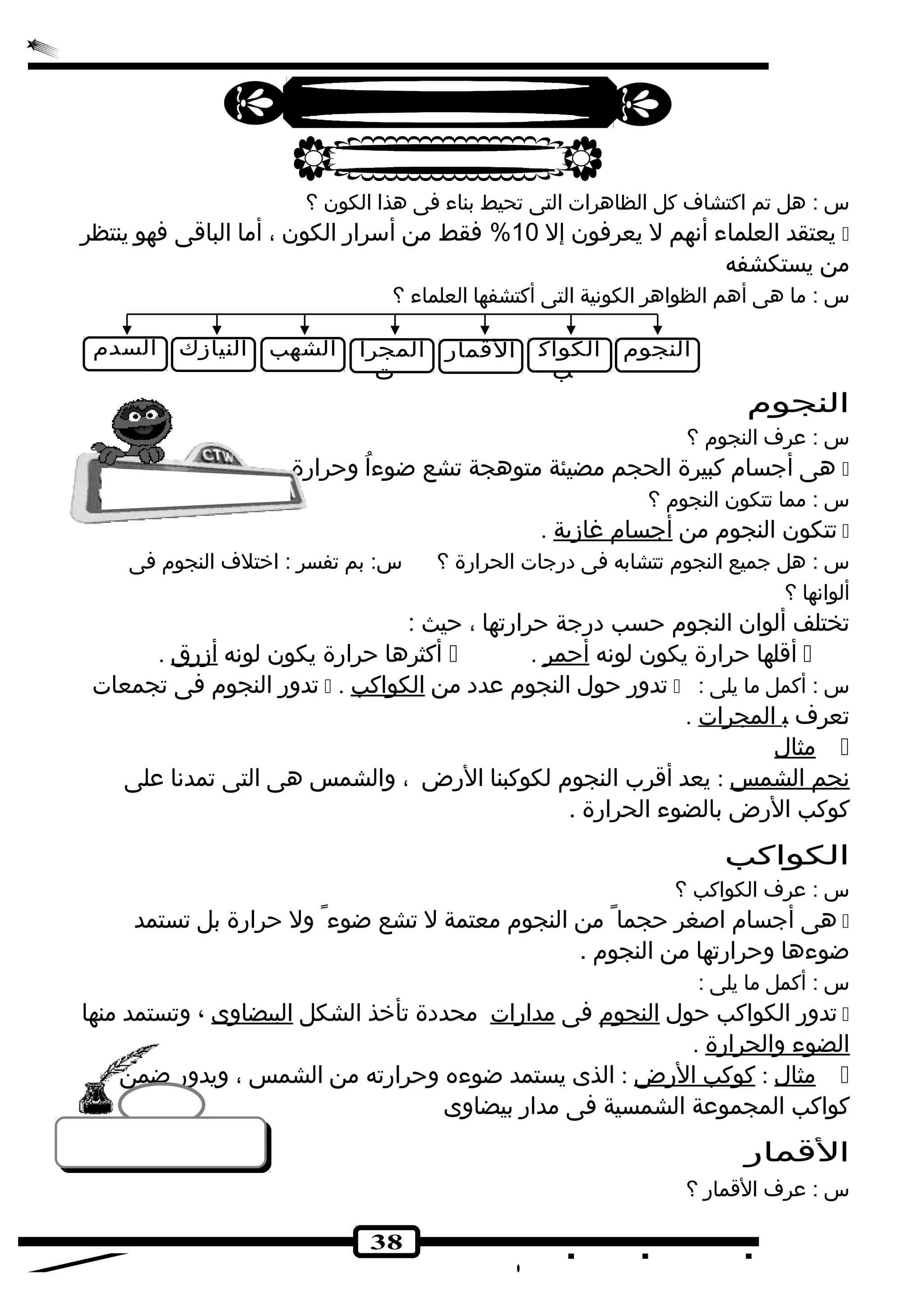 س : هل تم اكتشاف كل الظاهرات التى تحيط بناء فى هذا الكون ؟ 
يعتقد العلماء أنهم ل يعرفون إل 10 % فقط من أسرار الكون ، أما الباقى فهو ينتظر  
من يستكشفه 
س : ما هى أهم الظواهر الكونية التى أكتشفها العلماء ؟ 
النجوم 
س : عرف النجوم ؟ 
هى أجسام كبيرة الحجم مضيئة متوهجة تشع ضوءاُ  وحرارة .  
س : مما تتكون النجوم ؟ 
تتكون النجوم من أ جسام غازية .  
س : هل جميع النجوم تتشابه فى درجات الحرارة ؟ س: بم تفسر : اختلف النجوم فى 
ألوانها ؟ 
تختلف ألوان النجوم حسب درجة حرارتها ، حيث : 
أكثرها حرارة يكون لونه أزرق .  . أقلها حرارة يكون لونه أحمر  
تدور النجوم فى تجمعات  . تدور حول النجوم عدد من الكواكب  : س : أكمل ما يلى 
تعرف ب ا لمجرات . 
مثال  
نجم ا لشمس : يعد أقرب النجوم لكوكبنا الرض ، والشمس هى التى تمدنا على 
كوكب الرض بالضوء الحرارة . 
الكواكب 
س : عرف الكواكب ؟ 
هى أجسام اصغر حجما من النجوم معتمة ل تشع ضوء ول حرارة بل تستمد  
ضوءها وحرارتها من النجوم . 
س : أكمل ما يلى : 
تدور الكواكب حول النجوم فى مدارات محددة تأخذ الشكل البيضاوى ، وتستمد منها  
ا لضوء والحرارة . 
مثال : كوكب ا لرض : الذى يستمد ضوءه وحرارته من الشمس ، ويدور ضمن  
كواكب المجموعة الشمسية فى مدار بيضاوى 
القمار 
س : عرف القمار ؟ 
38 
النجوم الكواك 
ب 
القمار المجرا 
ت 
الشهب النيازك السدم 
 