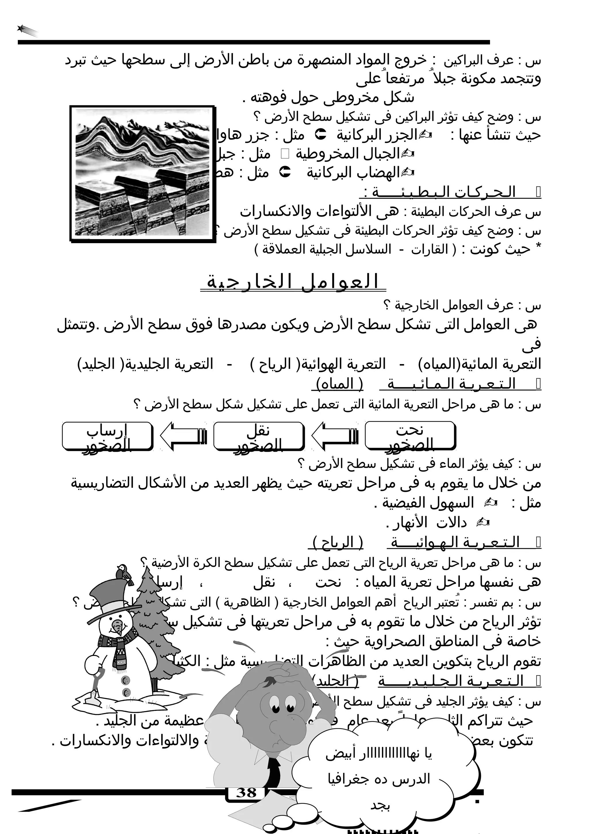 س : عرف  البراكين : خروج المواد المنصهرة من باطن الرضض إلى سطحها حيث تجبرد 
وتجتجمد مكونة جبل مرتجفعا على 
شكل مخروطى حول فوهته . 
س : وضح كيف تجؤثر البراكين فى تجشكيل سطح الرضض ؟ 
مثل : جزرض هاواى .  الجزرض البركانية  : حيث تجنشأ عنها 
مثل : جبل كينيا .  الجبال المخروطية  
مثل : هضبتى اليمن وإثيوبيا .  الهضاب البركانية  
ا لـحـركـات الـبـطـيـئـــــة :  
س عرف  الحركات البطيئة : هى اللتواءات والنكسارضات 
س : وضح كيف تجؤثر الحركات البطيئة فى تجشكيل سطح الرضض ؟ 
* حيث كونت : ( القارضات - السلسل الجبلية العملقة ) 
ا لعو ا مل ا لخا رضجي ة 
س : عرف  العوامل الخارضجية ؟ 
هى العوامل التى تجشكل سطح الرضض ويكون مصدرضها فوق سطح الرضض .وتجتمثل 
فى 
التعرية المائية(المياه) - التعرية الهوائية( الرياح ) - التعرية الجليدية( الجليد) 
ا لـتـعـريـة الـمـائـيــــة ( المياه)  
س : ما هى مراحل التعرية المائية التى تجعمل على تجشكيل شكل سطح الرضض ؟ 
نحت 
الصخورض 
نقل 
الصخورض 
إرضساب 
الصخورض 
س : كيف يؤثر الماء فى تجشكيل سطح الرضض ؟ 
من خلل ما يقوم به فى مراحل تجعريته حيث يظهر العديد من الشكال التضارضيسية 
38 
السهول الفيضية .  : مثل 
دالت النهارض .  
ا لـتـعـريـة الـهـوائيــــة ( الرياح )  
س : ما هى مراحل تجعرية الرياح التى تجعمل على تجشكيل سطح الكرة الرضضية ؟ 
هى نفسها مراحل تجعرية المياه : نحت ، نقل ، إرضساب 
س : بم تجفسر : تجُعتبر الرياح أهم العوامل الخارضجية ( الظاهرية ) التى تجشكل سطح الرضض ؟ 
تجؤثر الرياح من خلل ما تجقوم به فى مراحل تجعريتها فى تجشكيل سطح الرضض 
خاصة فى المناطق الصحراوية حيث : 
تجقوم الرياح بتكوين العديد من الظاهرات التضارضيسية مثل : الكثبان الرملية . 
ا لـتـعـريـة الـجـلـيـديـــــة ( الجليد)  
س : كيف يؤثر الجليد فى تجشكيل سطح الرضض 
حيث تجتراكم الثلوج عاما بعد عام فيتكون منها مسطحات عظيمة من الجليد . 
تجتكون بعض الظواهر التضارضيسية مثل : البحيرات الجليدية واللتواءات والنكسارضات . 
يا نهاااااااااااارض أبيض 
الدرضس ده جغرافيا 
بجد 
!!!!!!!!!!!! 
 