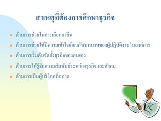 สาเหตุที่ต้องการศึกษาธุรกิจ 
ด้านการช่วยในการเลือกอาชีพ 
ด้านการช่วยให้มีความเข้าใจเกี่ยวกับบทบาทของผู้ปฏิบัติงานในองค์การ 
ด้านการเริ่มต้นจัดตั้งธุรกิจของตนเอง 
ด้านการให้รู้จักความสัมพันธ์ระหว่างธุรกิจและสังคม 
ด้านการเป็นผู้บริโภคที่ฉลาด  