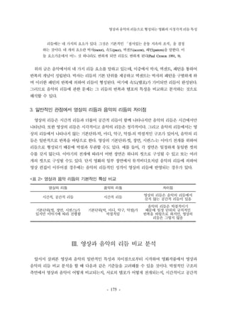 영상과 음악의 리듬으로 형성되는 영화의 시청각적 리듬 특성 
리듬에는 네 가지의 요소가 있다. 그것은 기본적인 「질서있는 운동 지속의 조직」을 결정 
하는 것이다. 네 개의 요소란 박자(meter), 속도(pace), 엑센트(accent), 패턴(pattern)을 말한다. 이 
들 요소가운데서 어느 것 하나라도 변하게 되면 리듬도 변하게 된다(Paul Creston 1991, 9). 
위의 글은 음악에서의 네 가지 리듬 요소를 말하고 있는데, 이중에서 박자, 엑센트, 패턴을 통하여 
반복의 개념이 성립된다. 박자는 리듬의 기본 단위를 제공하고 엑센트는 박자의 패턴을 구별하게 하 
며 이러한 패턴의 반복에 의하여 리듬이 형성된다. 여기에 속도(템포)가 가미되면 리듬이 완성된다. 
그러므로 음악의 리듬에 관한 문제는 그 리듬의 반복과 템포의 특징을 비교하고 분석하는 것으로 
해석할 수 있다. 
3. 일반적인 관점에서 영상의 리듬과 음악의 리듬의 차이점 
영상의 리듬은 시간적 리듬과 더불어 공간적 리듬이 함께 나타나지만 음악의 리듬은 시간에서만 
나타난다. 또한 영상의 리듬은 시각적이고 음악의 리듬은 청각적이다. 그리고 음악의 리듬에서는 영 
상의 리듬에서 나타나지 않는 기본단위-박, 마디, 악구, 악절-의 박절적인 구조가 있어서, 음악의 리 
듬은 일반적으로 반복을 바탕으로 한다. 영상의 기본단위-컷, 장면, 시퀀스-는 이야기 전개를 위하여 
리듬으로 형성되기 때문에 박절과 무관할 수도 있다. 예를 들어, 각 장면은 일정하게 동일한 컷의 
수를 갖지 않는다. 이야기의 전개에 따라서 어떤 장면은 하나의 컷으로 구성될 수 있고 또는 여러 
개의 컷으로 구성될 수도 있다. 단지 영화의 일부 장면에서 뮤직비디오처럼 음악의 리듬에 의하여 
영상 편집이 이루어질 경우에는 음악의 리듬적인 성격이 영상의 리듬에 반영되는 경우가 있다. 
<표 2> 영상과 음악 리듬의 기본적인 특성 비교 
영상의 리듬 음악의 리듬 차이점 
시간적, 공간적 리듬 시간적 리듬 
- 175 - 
영상의 리듬은 음악의 리듬에서 
갖지 않는 공간적 리듬이 있음 
기본단위(컷, 장면, 시퀀스)가 
있지만 이야기에 따라 진행함 
기본단위(박, 마디, 악구, 악절)가 
박절적임 
음악의 리듬은 박절적이기 
때문에 일정 단위의 규칙적인 
반복을 바탕으로 하지만, 영상의 
리듬은 그렇지 않음 
Ⅲ. 영상과 음악의 리듬 비교 분석 
앞서서 살펴본 영상과 음악의 일반적인 특성과 차이점으로부터 시작하여 영화작품에서 영상과 
음악의 리듬 비교 분석을 할 때 다음과 같은 기준들을 고려해볼 수 있을 것이다. 박절적인 구조의 
측면에서 영상과 음악이 어떻게 비교되는지, 서로의 템포가 어떻게 전개되는지, 시간적이고 공간적 
 
