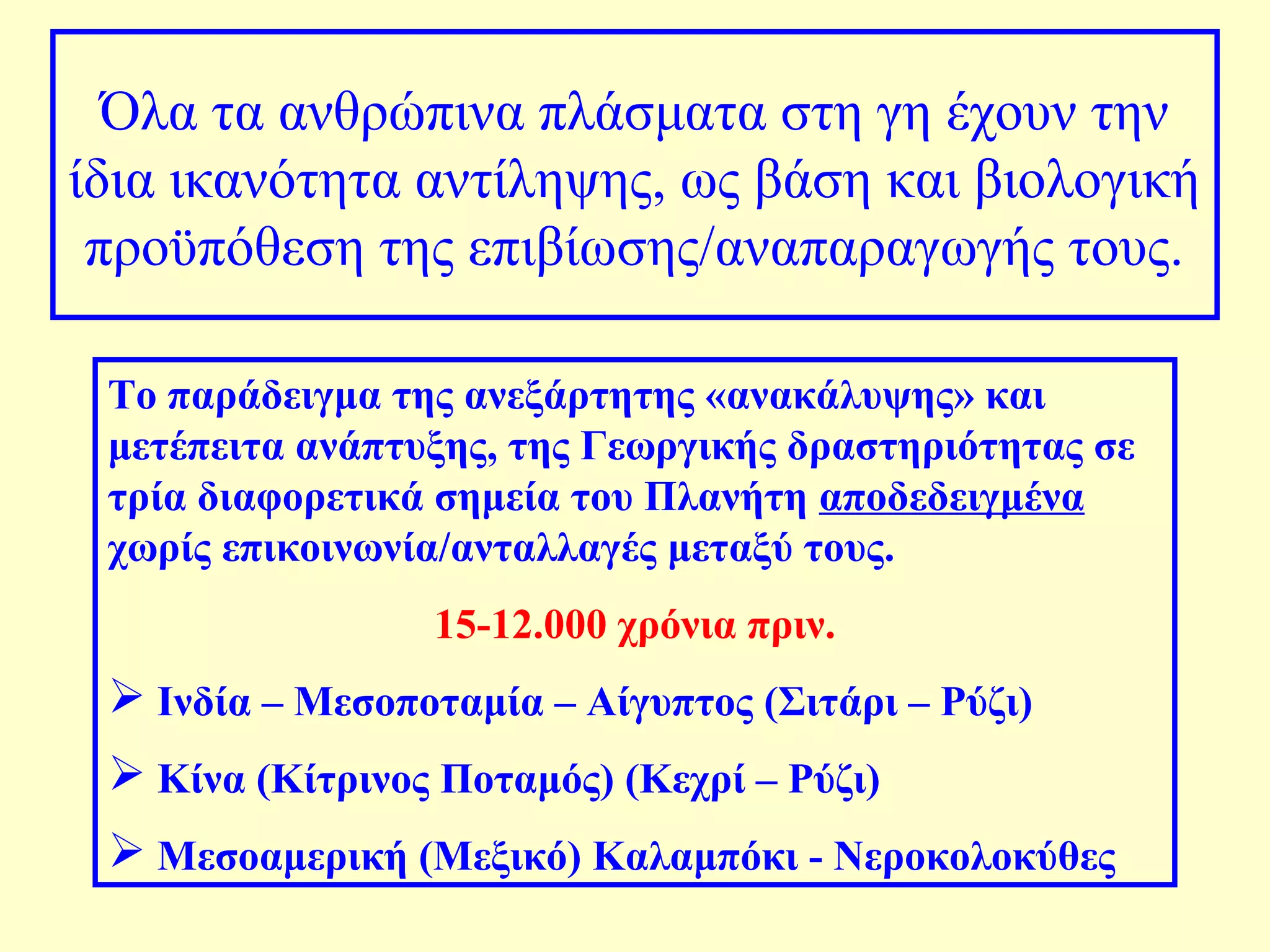 Όλα τα ανθρώπινα πλάσματα στη γη έχουν την 
ίδια ικανότητα αντίληψης, ως βάση και βιολογική 
προϋπόθεση της επιβίωσης/αναπαραγωγής τους. 
Το παράδειγμα της ανεξάρτητης «ανακάλυψης» και 
μετέπειτα ανάπτυξης, της Γεωργικής δραστηριότητας σε 
τρία διαφορετικά σημεία του Πλανήτη αποδεδειγμένα 
χωρίς επικοινωνία/ανταλλαγές μεταξύ τους. 
15-12.000 χρόνια πριν. 
 Ινδία – Μεσοποταμία – Αίγυπτος (Σιτάρι – Ρύζι) 
 Κίνα (Κίτρινος Ποταμός) (Κεχρί – Ρύζι) 
 Μεσοαμερική (Μεξικό) Καλαμπόκι - Νεροκολοκύθες 
 