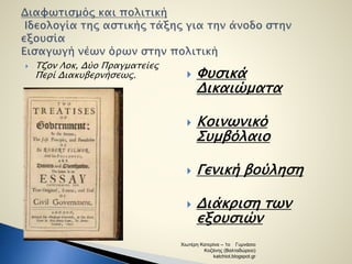  Τζον Λοκ, Δύο Πραγματείες 
Περί Διακυβερνήσεως.  Φυσικά 
Δικαιώματα 
 Κοινωνικό 
Συμβόλαιο 
 Γενική βούληση 
 Διάκριση των 
εξουσιών 
Χιωτέρη Κατερίνα – 1ο Γυμνάσιο 
Κοζάνης (Βαλταδώρειο) 
katchiot.blogspot.gr 
 