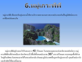 หมู่เกาะพีพี เทือกเขาหินปูนกลางน้า สีครามใส หาดทรายงามขาวสะอาดประกอบกันเป็นภูมิทัศน์ตระการ 
ตาที่มีเสน่ห์เฉพาะกิจ 
หมู่เกาะพีพีอยู่ห่างออกไปในทะเลราว 40 กิโลเมตร ในเขตของอุทยานแห่งชาติหาดนพรัตน์ธารา-หมู่ 
เกาะพีพีท้องที่อา เภอเมืองฯ จังหวัดกระบี่ มีพื้นที่ทั้งหมดประมาณ 387 ตารางกิโลเมตร ครอบคลุมพื้นที่ส่วน 
ใหญ่ด้านทิศตะวันตกของภาคใต้ในทะเลอันดามัน ลักษณะภูมิประเทศเป็นภูเขาหินปูนกลางน้า อุดมด้วยปะการัง 
และทิวทัศน์ใต้ทะเลที่งดงาม 
 