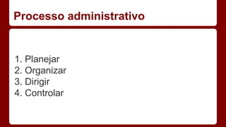 Processo administrativo 
1. Planejar 
2. Organizar 
3. Dirigir 
4. Controlar 
 