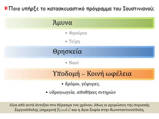 Ποιο υπήρξε το κατασκευαστικό πρόγραμμα του Ιουστινιανού; 
Άμυνα 
• Φρούρια 
• Τείχη 
Θρησκεία 
• Ναοί 
Υποδομή – Κοινή ωφέλεια 
• δρόμοι, γέφυρες, 
• υδραγωγεία, αποθήκες σιτηρών 
Λίγα από αυτά άντεξαν στο πέρασμα του χρόνου, όπως οι οχυρώσεις της συριακής 
Σεργιούπολης (σημερινή Resafa) και η Αγια Σοφία στην Κωνσταντινούπολη. 
 
