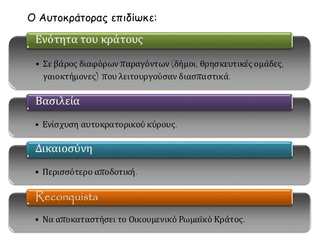 ÎŸ Î‘Ï…Ï„Î¿ÎºÏÎ¬Ï„Î¿ÏÎ±Ï‚ ÎµÏ€Î¹Î´Î¯Ï‰ÎºÎµ: 
Î•Î½ÏŒÏ„Î·Ï„Î± Ï„Î¿Ï… ÎºÏÎ¬Ï„Î¿Ï…Ï‚ 
â€¢ Î£Îµ Î²Î¬ÏÎ¿Ï‚ Î´Î¹Î±Ï†ÏŒÏÏ‰Î½ Ï€Î±ÏÎ±Î³ÏŒÎ½Ï„Ï‰Î½ (Î´Î®Î¼Î¿Î¹, Î¸ÏÎ·ÏƒÎºÎµÏ…Ï„Î¹ÎºÎ­Ï‚ Î¿Î¼Î¬Î´ÎµÏ‚, 
Î³Î±Î¹Î¿ÎºÏ„Î®Î¼Î¿Î½ÎµÏ‚) ...
