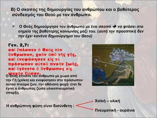 Β) Ο σκοπός της δημιουργίας του ανθρώπου και ο βαθύτερος 
σύνδεσμός του Θεού με τον άνθρωπο. 
 Ο Θεός δημιούργησε τον άνθρωπο με ένα σκοπό  να φτάσει στο 
σημείο της βαθύτερης κοινωνίας μαζί του. (αυτή την προοπτική δεν 
την έχει κανένα δημιούργημα του Θεού) 
Η ανθρώπινη φύση είναι δισύνθετη : 
Χοϊκή – υλική 
Πνευματική - ουράνια 
Γεν. 2,7: 
κα ὶ ἔπλασεν ὁ Θεὸς τὸν 
ἄνθρωπον, χοῦν ἀπὸ τῆς γῆς, 
καὶ ἐνεφύσησεν εἰς τὸ 
πρόσωπον αὐτοῦ πνοὴν ζωῆς, 
καὶ ἐγένετο ὁ ἄνθρωπος εἰς 
ψυχὴν ζῶσαν. Ο Θεός έπλασε τον άνθρωπο με χώμα από 
την Γή (χοϊκό) και ενεφύσησεν στο πρόσωπον 
αυτού πνεύμα ζων, την αθάνατο ψυχή· έτσι δε 
έγινε ο άνθρωπος ζώσα υλικοπνευματική 
ύπαρξη. 
 