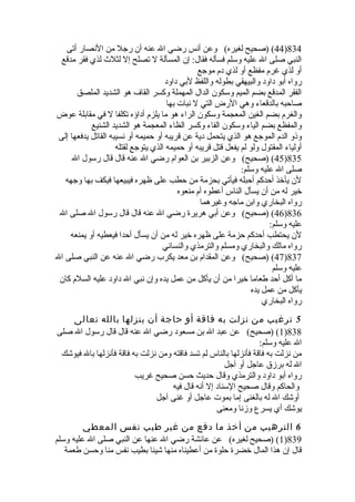 44 ) (صحيح لغيره) وعن أنس رضي ال عنه أن رجل من النصار أتى )834 
النبي صلى ال عليه وسلم فسأله فقال: إن المسألة ل تصلح إل لثلث لذي فقر مدقع 
أو لذي غرم مفظع أو لذي دم موجع 
رواه أبو داود والبيهقي بطوله واللفظ لبي داود 
الفقر المدقع بضم الميم وسكون الدال المهملة وكسر القاف هو الشديد الملصق 
صاحبه بالدقعاء وهي الرض التي ل نبات بها 
والغرم بضم الغين المعجمة وسكون الراء هو ما يلزم أداؤه تكلفا ل في مقابلة عوض 
والمفظع بضم الياء وسكون الفاء وكسر الظاء المعجمة هو الشديد الشنيع 
وذو الدم الموجع هو الذي يتحمل دية عن قريبه أو حميمه أو نسيبه القاتل يدفعها إلى 
أولياء المقتول ولو لم يفعل قتل قريبه أو حميمه الذي يتوجع لقتله 
45 ) (صحيح) وعن الزبير بن العوام رضي ال عنه قال قال رسول ال )835 
صلى ال عليه وسلم: 
لن يأخلذ أحدكم أحبله فيأتي بحزمة من حطب على ظهره فيبيعها فيكف بها وجهه 
خلير له من أن يسأل الناس أعطوه أم منعوه 
رواه البخاري وابن ماجه وغيرهما 
46 ) (صحيح) وعن أبي هريرة  رضي ال عنه قال قال رسول ال صلى ال )836 
عليه وسلم: 
لن يحتطب أحدكم حزمة على ظهره خلير له من أن يسأل أحدا فيعطيه أو يمنعه 
رواه مالك والبخاري ومسلم والترمذي والنسائي 
47 ) (صحيح) وعن المقدام بن معد يكرب رضي ال عنه عن النبي صلى ال )837 
عليه وسلم 
ما أكل أحد طعاما خليرا من أن يأكل من عمل يده وإن نبي ال داود عليه السلم كان 
يأكل من عمل يده 
رواه البخاري 
5 ترغيب من نزلت به فاقة أو حاجة أن ينزلها بالله تعالى 
1) (صحيح) عن عبد ال بن مسعود رضي ال عنه قال قال رسول ال صلى )838 
ال عليه وسلم: 
من نزلت به فاقة فأنزلها بالناس لم تسد فاقته ومن نزلت به فاقة فأنزلها بال فيوشك 
ال له برزق عاجل أو آجل 
رواه أبو داود والترمذي وقال حديث حسن صحيح غريب 
والحاكم وقال صحيح السناد إل أنه قال فيه 
أوشك ال له بالغنى إما بموت عاجل أو غنى آجل 
يوشك أي يسرع وزنا ومعنى 
6 الترهيب من أخذ ما دفع من غير طيب نفس المعطي 
1) (صحيح لغيره) عن عائشة رضي ال عنها عن النبي صلى ال عليه وسلم )839 
قال إن هذا المال خلضرة  حلوة  من أعطيناه منها شيئا بطيب نفس منا وحسن طعمة 
 