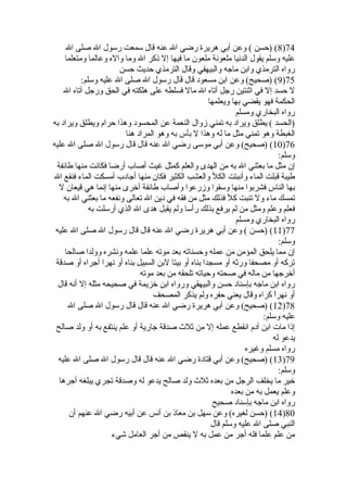 8) (حسن ) وعن أبي هريرة رضي ال عنه قال سمعت رسول ال صلى ال )74 
عليه وسلم يقول الدنيا ملعونة ملعون ما فيها إل ذكر ال وما واله وعالما ومتعلما 
رواه الترمذي وابن ماجه والبيهقي وقال الترمذي حديث حسن 
9) (صحيح) وعن ابن مسعود قال قال رسول ال صلى ال عليه وسلم: )75 
ل حسد إل في اثةنتين رجل آتاه ال مال فسلطه على هلكته في الحق ورجل آتاه ال 
الحكمة فهو يقضي بها ويعلمها 
رواه البخاري ومسلم 
(الحسد ) يطلق ويراد به تمني زوال النعمة عن المحسود وهذا حرام ويطلق ويراد به 
الغبطة وهو تمني مثل ما له وهذا ل بأس به وهو المراد هنا 
10 ) (صحيح) وعن أبي موسى رضي ال عنه قال قال رسول ال صلى ال عليه )76 
وسلم: 
إن مثل ما بعثني ال به من الهدى والعلم كمثل غيث أصاب أرضا فكانت منها طائفة 
طيبة قبلت الماء وأنبتت الكل والعشب الكثير فكان منها أجادب أمسكت الماء فنفع ال 
بها الناس فشربوا منها وسقوا وزرعوا وأصاب طائفة أخرى منها إنما هي قيعان ل 
تمسك ماء ول تنبت كل فذلك مثل من فقه في دين ال تعالى ونفعه ما بعثني ال به 
فعلم وعلم ومثل من لم يرفع بذلك رأسا ولم يقبل هدى ال الذي أرسلت به 
رواه البخاري ومسلم 
11 ) (حسن ) وعن أبي هريرة رضي ال عنه قال قال رسول ال صلى ال عليه )77 
وسلم: 
إن مما يلحق المؤمن من عمله وحسناته بعد موته علما علمه ونشره وولدا صالحا 
تركه أو مصحفا ورثةه أو مسجدا بناه أو بيتا لبن السبيل بناه أو نهرا أجراه أو صدقة 
أخرجها من ماله في صحته وحياته تلحقه من بعد موته 
رواه ابن ماجه بإسناد حسن والبيهقي ورواه ابن خزيمة في صحيحه مثله إل أنه قال 
أو نهراً  كراه وقال يعني حفره ولم يذكر المصحف 
12 ) (صحيح) وعن أبي هريرة رضي ال عنه قال قال رسول ال صلى ال )78 
عليه وسلم: 
إذا مات ابن آدم انقطع عمله إل من ثةلث  صدقة جارية أو علم ينتفع به أو ولد صالح 
يدعو له 
رواه مسلم وغيره 
13 ) (صحيح) وعن أبي قتادة رضي ال عنه قال قال رسول ال صلى ال عليه )79 
وسلم: 
خير ما يخلف الرجل من بعده ثةلث  ولد صالح يدعو له وصدقة تجري يبلغه أجرها 
وعلم يعمل به من بعده 
رواه ابن ماجه بإسناد صحيح 
14 ) (حسن لغيره) وعن سهل بن معاذ بن أنس عن أبيه رضي ال عنهم أن )80 
النبي صلى ال عليه وسلم قال 
من علم علما فله أجر من عمل به ل ينقص من أجر العامل شيء 
 