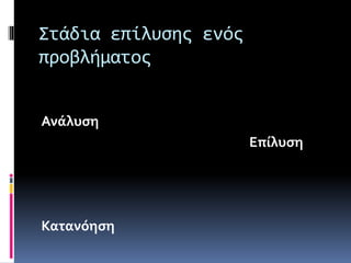 Στάδια επίλυσης ενός 
προβλήματος 
Ανάλυση 
Επίλυση 
Κατανόηση 
 