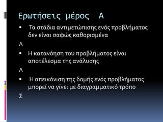 Ερωτήσεις μέρος Α 
 Τα στάδια αντιμετώπισης ενός προβλήματος 
δεν είναι σαφώς καθορισμένα 
Λ 
 Η κατανόηση του προβλήματος είναι 
αποτέλεσμα της ανάλυσης 
Λ 
 Η απεικόνιση της δομής ενός προβλήματος 
μπορεί να γίνει με διαγραμματικό τρόπο 
Σ 
 