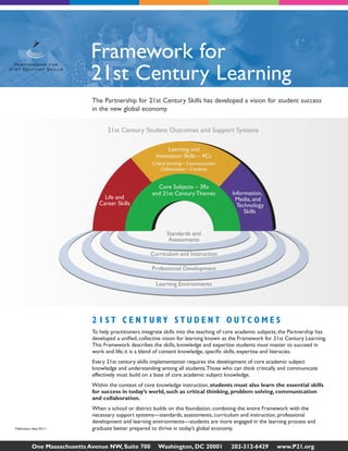 Learning and 
Innovation Skills – 4Cs 
Core Subjects – 3Rs 
and 21st Century Themes 
Critical thinking • Communication 
Collaboration • Creativity 
21st Century Student Outcomes 
21st Century Satundde nStu Opputocrotm Seys satnedm Suspport Systems 
Framework for 
21st Century Learning 
The Partnership for 21st Century Skills has developed a vision for student success 
in the new global economy. 
One Massachusetts Avenue NW, Suite 700 Washington, DC 20001 202-312-6429 www.P21.org 
2 1 S T C E N T U R Y S T U D E N T O U T C O M E S 
To help practitioners integrate skills into the teaching of core academic subjects, the Partnership has 
developed a unified, collective vision for learning known as the Framework for 21st Century Learning. 
This Framework describes the skills, knowledge and expertise students must master to succeed in 
work and life; it is a blend of content knowledge, specific skills, expertise and literacies. 
Every 21st century skills implementation requires the development of core academic subject 
knowledge and understanding among all students. Those who can think critically and communicate 
effectively must build on a base of core academic subject knowledge. 
Within the context of core knowledge instruction, students must also learn the essential skills 
for success in today’s world, such as critical thinking, problem solving, communication 
and collaboration. 
When a school or district builds on this foundation, combining the entire Framework with the 
necessary support systems—standards, assessments, curriculum and instruction, professional 
development and learning environments—students are more engaged in the learning process and 
Publication date: 03/11 graduate better prepared to thrive in today’s global economy. 
 