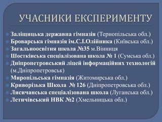  Заліщицька державна гімназія (Тернопільська обл.) 
 Броварська гімназія ім.С.І.Олійника (Київська обл.) 
 Загальноосвітня школа №35 м.Вінниця 
 Шосткінська спеціалізована школа № 1 (Сумська обл.) 
 Дніпропетровський ліцей інформаційних технологій 
(м.Дніпропетровськ) 
 Миропільська гімназія (Житомирська обл.) 
 Криворізька Школа № 126 (Дніпропетровська обл.) 
 Лисичанська спеціалізована школа (Луганська обл.) 
 Летичівський НВК №2 (Хмельницька обл.) 
 