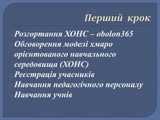 o Розгортання ХОНС – obolon365 
o Обговорення моделі хмаро 
орієнтованого навчального 
середовища (ХОНС) 
o Реєстрація учасників 
o Навчання педагогічного персоналу 
o Навчання учнів 
 