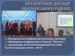 2 Всеукраїнські конференції (листопад, квітень); 
1 Міжнародна конференція в гімназії “Оболонь”; 
1 презентація на П’ятій міжнародній виставці 
“Сучасні заклади освіти – 2014” 
 