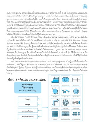 19 
อันเกิดจากการเรียนรู้ ความเข้าใจแบบนี้จะตกผลึกเป็นองค์ความรู้ที่ครบถ้วนทั้ง 3 มิติ ในตัวผู้เรียนของแต่ละคน คือ 
ความรู้ด้านการคิดวิเคราะห์ ความรู้ด้านทักษะกระบวนการ ความรู้ด้านค่านิยม คุณธรรม จริยธรรม ซึ่งเรามองว่าครอบคลุม 
และตรงตามมาตรฐานการเรียนรู้และตัวชี้วัด รวมทั้งด้านสมรรถนะที่สĬำคัญ 5 ประการ คุณลักษณะอันพึงประสงค์ 
ทั้ง 8 ด้าน และการนĬำไปสู่ความเป็นพลเมืองโลกในศตวรรษที่ 21 ได้ แต่จากผลการสอบวัดผลสัมฤทธิ์ทางการเรียนรู้ 
ระดับชาติ O-NET และผลการสอบวัดระดับนานาชาติของ OECD โปรแกรม PISA ก็เป็นตัวชี้วัดได้เป็นอย่างดีว่า ผลสัมฤทธิ์ 
ของผู้เรียนไทยอยู่ในระดับที่ตĬ่ำกว่าเกณฑ์ เพราะผู้เรียนไม่สามารถตอบข้อสอบวัดความรู้เชิงคิดวิเคราะห์ได้ (ซึ่งเป็นข้อสอบ 
ที่ออกตามมาตรฐานและตัวชี้วัด) ผู้เรียนต้องนĬำความคิดรวบยอดและหลักการมาวิเคราะห์สถานการณ์ใหม่ ๆ ข้อสอบ 
ไม่ได้ออกให้จĬำเนื้อหา หรือเหมือนกับตัวอย่างที่ผู้เรียนเคยท่อง เคยจĬำมา 
อนึ่ง สĬำหรับข้อสอบ O-NET เป็นข้อสอบที่เน้นระดับพฤติกรรมด้านความจĬำ ประมาณ 15-20% นอกจากนั้นยังเน้น 
ระดับพฤติกรรมการคิดวิเคราะห์ขึ้นไป และมีข้อสอบรูปแบบต่าง ๆ เช่น (1) รูปแบบ MCMA (Multiple Choices 
Multiple Answers) คือ คĬำตอบถูกต้องมากกว่า 1 คĬำตอบ บางข้อมีคĬำตอบที่ถูกต้อง 2 คĬำตอบ บางข้อมีคĬำตอบที่ถูกต้อง 
3 คĬำตอบ บางข้อมีคĬำตอบถูกทุกข้อ ผู้ (สอบ) เรียนต้องเลือกคĬำตอบที่ถูกให้ครบทุกข้อจึงจะได้คะแนน ถ้าเลือกคĬำตอบ 
ที่ถูกต้องไม่ครบหรือเลือกคĬำตอบที่ผิดด้วย ข้อนั้นจะไม่ได้คะแนน และ (2) รูปแบบ MCWA (Multiple Choices Weight 
Answers) คือ คĬำตอบถูกทุกข้อ แต่นĬ้ำหนักคะแนนไม่เท่ากัน ซึ่งข้อสอบทั้ง 2 รูปแบบนี้ นĬำมาใช้เพียง 5-10% เท่านั้น 
ข้อสอบทั้ง 2 รูปแบบ ดังกล่าวนี้ เป็นข้อสอบเชิงคิดวิเคราะห์ ผู้เรียนเดาคĬำตอบยากกว่าข้อสอบแบบปรนัย ที่ให้ผู้เรียนเลือก 
คĬำตอบที่ถูกต้องที่สุดเพียงหนึ่งคĬำตอบ 
ผลการสอบค่าเฉลี่ยทั้งประเทศ เกณฑ์คะแนนยังตĬ่ำกว่า 50% เกือบทุกกลุ่มสาระการเรียนรู้ แต่ถ้าในโอกาสต่อ ๆ ไป 
เกิดข้อสอบ O-NET ใช้รูปแบบคĬำถามแบบ MCMA และ MCWA มีจĬำนวนข้อสอบมากถึง 30% ของจĬำนวนข้อสอบทั้งหมด 
ก็จะเกิดปัญหาว่า ผู้ (สอบ) เรียน จะนĬำความรู้ใดมาวิเคราะห์ข้อสอบ และมีความน่าเชื่อว่า ค่าเฉลี่ยผลสัมฤทธิ์ทางการเรียน 
ในระดับสถานศึกษาและระดับประเทศ จะตกตĬ่ำมากกว่าปัจจุบัน และนĬำไปสู่เกณฑ์ขั้นตĬ่ำระดับใด.... ใครจะช่วยให้คĬำตอบ 
ได้บ้าง? 
พัฒนาการคิดแบบ THINK TANK 
ร่วมกันจัดข้อมูล 
ให้มีความหมาย 
Structure of thinking 
จÎำแนก 
จัดกลุ่ม 
หาความสัมพันธ์ 
ความคิดรวบยอด 
The Ranking Ladder 
The Web 
The Right Angle 
The Grid 
The Venn Diagram 
The Mind Map 
The Targer 
Agree/Disagree Chart 
The Spectrum 
The Pie Chart 
The Fish Bone 
The Sequence Chart 
 