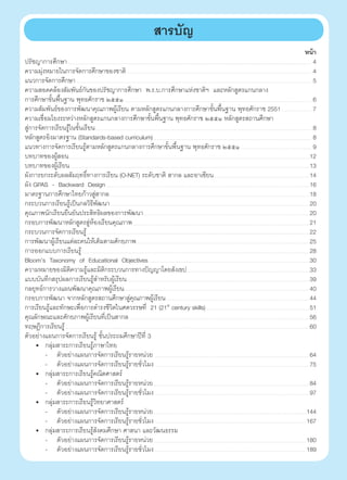 3 
หน้า 
ปรัชญาการศึกษา 4 
ความมุ่งหมายในการจัดการศึกษาของชาติ 4 
แนวการจัดการศึกษา 5 
ความสอดคล้องสัมพันธ์กันของปรัชญาการศึกษา พ.ร.บ.การศึกษาแห่งชาติฯ และหลักสูตรแกนกลาง 
การศึกษาขั้นพื้นฐาน พุทธศักราช ๒๕๕๑ 6 
ความสัมพันธ์ของการพัฒนาคุณภาพผู้เรียน ตามหลักสูตรแกนกลางการศึกษาขั้นพื้นฐาน พุทธศักราช 2551 7 
ความเชื่อมโยงระหว่างหลักสูตรแกนกลางการศึกษาขั้นพื้นฐาน พุทธศักราช ๒๕๕๑ หลักสูตรสถานศึกษา 
สู่การจัดการเรียนรู้ในชั้นเรียน 8 
หลักสูตรอิงมาตรฐาน (Standards-based curriculum) 8 
แนวทางการจัดการเรียนรู้ตามหลักสูตรแกนกลางการศึกษาขั้นพื้นฐาน พุทธศักราช ๒๕๕๑ 9 
บทบาทของผู้สอน 12 
บทบาทของผู้เรียน 13 
ผังการยกระดับผลสัมฤทธิ์ทางการเรียน (O-NET) ระดับชาติ สากล และอาเซียน 14 
ผัง GPAS - Backward Design 16 
มาตรฐานการศึกษาไทยก้าวสู่สากล 18 
กระบวนการเรียนรู้เป็นกลวิธีพัฒนา 20 
คุณภาพนักเรียนยืนยันประสิทธิผลของการพัฒนา 20 
กรอบการพัฒนาหลักสูตรสู่ห้องเรียนคุณภาพ 21 
กระบวนการจัดการเรียนรู้ 22 
การพัฒนาผู้เรียนแต่ละคนให้เต็มตามศักยภาพ 25 
การออกแบบการเรียนรู้ 28 
Bloom’s Taxonomy of Educational Objectives 30 
ความหมายของมิติความรู้และมิติกระบวนการทางปัญญาโดยสังเขป 33 
แบบบันทึกสรุปผลการเรียนรู้สำ�หรับผู้เรียน 39 
กลยุทธ์การวางแผนพัฒนาคุณภาพผู้เรียน 40 
กรอบการพัฒนา จากหลักสูตรสถานศึกษาสู่คุณภาพผู้เรียน 44 
การเรียนรู้และทักษะเพื่อการดำ�รงชีวิตในศตวรรษที่ 21 (21st century skills) 51 
คุณลักษณะและศักยภาพผู้เรียนที่เป็นสากล 56 
ทฤษฎีการเรียนรู้ 60 
ตัวอย่างแผนการจัดการเรียนรู้ ชั้นประถมศึกษาปีที่ 3 
• กลุ่มสาระการเรียนรู้ภาษาไทย 
- ตัวอย่างแผนการจัดการเรียนรู้รายหน่วย 64 
- ตัวอย่างแผนการจัดการเรียนรู้รายชั่วโมง 75 
• กลุ่มสาระการเรียนรู้คณิตศาสตร์ 
- ตัวอย่างแผนการจัดการเรียนรู้รายหน่วย 84 
- ตัวอย่างแผนการจัดการเรียนรู้รายชั่วโมง 97 
• กลุ่มสาระการเรียนรู้วิทยาศาสตร์ 
- ตัวอย่างแผนการจัดการเรียนรู้รายหน่วย 144 
- ตัวอย่างแผนการจัดการเรียนรู้รายชั่วโมง 167 
• กลุ่มสาระการเรียนรู้สังคมศึกษา ศาสนา และวัฒนธรรม 
- ตัวอย่างแผนการจัดการเรียนรู้รายหน่วย 180 
- ตัวอย่างแผนการจัดการเรียนรู้รายชั่วโมง 189 
สารบัญ 
 