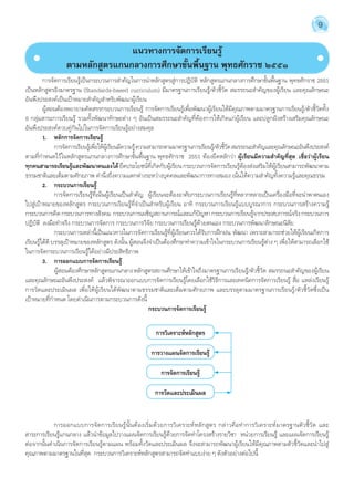 9 
แนวทางการจัดการเรียนรู้ 
ตามหลักสูตรแกนกลางการศึกษาขั้นพื้นฐาน พุทธศักราช ๒๕๕๑ 
การจัดการเรียนรู้เป็นกระบวนการสĬำคัญในการนĬำหลักสูตรสู่การปฏิบัติ หลักสูตรแกนกลางการศึกษาขั้นพื้นฐาน พุทธศักราช 2551 
เป็นหลักสูตรอิงมาตรฐาน (Standards-based curriculum) มีมาตรฐานการเรียนรู้/ตัวชี้วัด สมรรถนะสĬำคัญของผู้เรียน และคุณลักษณะ 
อันพึงประสงค์เป็นเป้าหมายสĬำคัญสĬำหรับพัฒนาผู้เรียน 
ผู้สอนต้องพยายามคัดสรรกระบวนการเรียนรู้ การจัดการเรียนรู้เพื่อพัฒนาผู้เรียนให้มีคุณภาพตามมาตรฐานการเรียนรู้/ตัวชี้วัดทั้ง 
8 กลุ่มสาระการเรียนรู้ รวมทั้งพัฒนาทักษะต่าง ๆ อันเป็นสมรรถนะสĬำคัญที่ต้องการให้เกิดแก่ผู้เรียน และปลูกฝังสร้างเสริมคุณลักษณะ 
อันพึงประสงค์ควบคู่กันไปในการจัดการเรียนรู้อย่างสมดุล 
1. หลักการจัดการเรียนรู้ 
การจดัการเรยีนร้เูพอื่ให้ผ้เูรยีนมคีวามรู้ความสามารถตามมาตรฐานการเรยีนร้/ูตวัชวี้ดั สมรรถนะสำĬคญัและคณุลกัษณะอนัพงึประสงค์ 
ตามที่กĬำหนดไว้ในหลักสูตรแกนกลางการศึกษาขั้นพื้นฐาน พุทธศักราช 2551 ต้องยึดหลักว่า ผู้เรียนมีความสÎำคัญที่สุด เชื่อว่าผู้เรียน 
ทุกคนสามารถเรียนรู้และพัฒนาตนเองได้ ยึดประโยชน์ที่เกิดกับผู้เรียน กระบวนการจัดการเรียนรู้ต้องส่งเสริมให้ผู้เรียนสามารถพัฒนาตาม 
ธรรมชาติและเต็มตามศักยภาพ คĬำนึงถึงความแตกต่างระหว่างบุคคลและพัฒนาการทางสมอง เน้นให้ความสĬำคัญทั้งความรู้และคุณธรรม 
2. กระบวนการเรียนรู้ 
การจัดการเรียนรู้ที่เน้นผู้เรียนเป็นสĬำคัญ ผู้เรียนจะต้องอาศัยกระบวนการเรียนรู้ที่หลากหลายเป็นเครื่องมือที่จะนĬำพาตนเอง 
ไปสู่เป้าหมายของหลักสูตร กระบวนการเรียนรู้ที่จĬำเป็นสĬำหรับผู้เรียน อาทิ กระบวนการเรียนรู้แบบบูรณาการ กระบวนการสร้างความรู้ 
กระบวนการคิด กระบวนการทางสังคม กระบวนการเผชิญสถานการณ์และแก้ปัญหา กระบวนการเรียนรู้จากประสบการณ์จริง กระบวนการ 
ปฏิบัติ ลงมือทĬำจริง กระบวนการจัดการ กระบวนการวิจัย กระบวนการเรียนรู้ด้วยตนเอง กระบวนการพัฒนาลักษณะนิสัย 
กระบวนการเหล่านี้เป็นแนวทางในการจัดการเรียนรู้ที่ผู้เรียนควรได้รับการฝึกฝน พัฒนา เพราะสามารถช่วยให้ผู้เรียนเกิดการ 
เรียนรู้ได้ดี บรรลุเป้าหมายของหลักสูตร ดังนั้น ผู้สอนจึงจĬำเป็นต้องศึกษาทĬำความเข้าใจในกระบวนการเรียนรู้ต่าง ๆ เพื่อให้สามารถเลือกใช้ 
ในการจัดกระบวนการเรียนรู้ได้อย่างมีประสิทธิภาพ 
3. การออกแบบการจัดการเรียนรู้ 
ผู้สอนต้องศึกษาหลักสูตรแกนกลาง หลักสูตรสถานศึกษาให้เข้าใจถึงมาตรฐานการเรียนรู้/ตัวชี้วัด สมรรถนะสĬำคัญของผู้เรียน 
และคุณลักษณะอันพึงประสงค์ แล้วพิจารณาออกแบบการจัดการเรียนรู้โดยเลือกใช้วิธีการและเทคนิคการจัดการเรียนรู้ สื่อ แหล่งเรียนรู้ 
การวัดและประเมินผล เพื่อให้ผู้เรียนได้พัฒนาตามธรรมชาติและเต็มตามศักยภาพ และบรรลุตามมาตรฐานการเรียนรู้/ตัวชี้วัดซึ่งเป็น 
เป้าหมายที่กĬำหนด โดยดĬำเนินการตามกระบวนการดังนี้ 
กระบวนการจัดการเรียนรู้ 
การออกแบบการจัดการเรียนรู้นั้นต้องเริ่มด้วยการวิเคราะห์หลักสูตร กล่าวคือทĬำการวิเคราะห์มาตรฐานตัวชี้วัด และ 
สาระการเรียนรู้แกนกลาง แล้วนĬำข้อมูลไปวางแผนจัดการเรียนรู้ด้วยการจัดทĬำโครงสร้างรายวิชา หน่วยการเรียนรู้ และแผนจัดการเรียนรู้ 
ต่อจากนั้นดĬำเนินการจัดการเรียนรู้ตามแผน พร้อมทั้งวัดและประเมินผล จึงจะสามารถพัฒนาผู้เรียนให้มีคุณภาพตามตัวชี้วัดและนĬำไปสู่ 
คุณภาพตามมาตรฐานในที่สุด กระบวนการวิเคราะห์หลักสูตรสามารถจัดทĬำแบบง่าย ๆ ดังตัวอย่างต่อไปนี้ 
การวิเคราะห์หลักสูตร 
การวางแผนจัดการเรียนรู้ 
การจัดการเรียนรู้ 
การวัดและประเมินผล 
 