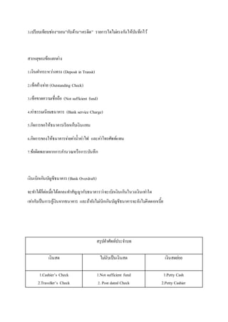 3.เปรียบเทียบชอ่ง“ถอน”กบัด้าน“เครดิต” รายการใดไมต่รงกนัให้บันทึกไว้ 
สาเหตุของข้อแตกตา่ง 
1.เงินฝากระหวา่งทาง (Deposit in Transit) 
2.เช็คค้างจา่ย (Outstanding Check) 
3.เช็คขาดความเชื่อถือ (Not sufficient fund) 
4.คา่ธรรมเนียมธนาคาร (Bank service Charge) 
5.กิจการขอให้ธนาคารเรียกเก็บเงินแทน 
6.กิจการของให้ธนาคารจา่ยคา่น้าคา่ไฟ และคา่โทรศัพท์แทน 
7.ข้อผิดพลาดจากการคา นวณหรือการบันทึก 
เงินเบิกเกินบัญชีธนาคาร (Bank Overdraft) 
จะทา ได้ก็ตอ่เมอื่ได้ตกลงทา สัญญากับธนาคารวา่จะเบิกเงินเกินในวงเงินเทา่ใด 
เทา่กบัเป็นการกูเ้งินจากธนาคาร และถ้ายังไมเ่บิกเกินบัญชีธนาคารจะยังไมคิ่ดดอกเบี้ย 
สรุปคา ศัพท์ประจา บท 
เงินสด 
ไมนั่บเป็นเงินสด 
เงินสดยอ่ย 
1.Cashier’s Check 
2.Traveller’s Check 
1.Not sufficient fund 
2. Post dated Check 
1.Petty Cash 
2.Petty Cashier 
 