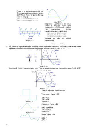 Period — үе нь сигналын хэлбэр нэг бүтэн давтагдах хугацаа юм. /зураг 1.14/ Үеийг Т гэж тэмдэглэх бөгөөд нэгж нь секунд. 
1milliseconds(ms)=10-3s 1microseconds(μs)=10-6s 
зураг 1.14. 
зураг 1.15. 
Frequency — давтамж нь сигналын хэлбэр 1 секундэд хэдэн удаа давтагдахыг илэрхийлнэ. /зураг 1.15/ Давтамжийг f үсгээр тэмдэглэх бөгөөд нэгж нь герц. 
1kiloHertz(kHz)=103Hz 
1MegaHertz(MHz)=106Hz 
1GigaHertz(GHz)=109Hz. 
Давтамж үе хоёр нь дараах хамааралтай. T1f= f1T= 
ƒ AC Power — хувьсах гүйдлийн чадал нь хүчдэл, гүйдлийн үржвэрээр тодорхойлогдох бөгөөд доорх хувьсах гүйдлийн жишээнд чадлын диаграммыг үзүүлэв. /зураг 1.16/ p = i⋅v 
зураг 1.16. 
ƒ Average AC Power — дундаж чадал буюу Pave нь дараах томъёогоор тодорхойлогдоно. /зураг 1.17/ 
Pave = IRMS x VRMS 
зураг 1.17. 
зураг 1.18. 
Хувьсах гүйдлийн бусад төрлүүд 
Тэгш өнцөгт /зураг 1.18/ 
RMS=PEAK 
AVG=PEAK 
P-P=2PEAK 
зураг 1.19. 
Гурвалжин /зураг 1.19/ 
RMS=0.577PEAK 
AVG=0.5PEAK 
P-P=2PEAK 
Дурын /зураг 1.20/ 
RMS=? 
AVG=? 
6 
 