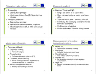 45 
Risk-return alternation 
† Treasuries 
„ Cash outflow: principal 
„ Interim cash inflows: fixed 0.5% semi annual 
interests 
† Principal protected 
„ Cash outflow: principal 
„ Semi annual interests invested in options 
„ Interim cash inflows: 0% to 10% semi annual 
interests 
46 
Zero cost product 
† %DQNHUV¶7UXVWYV3	* 
„ Long a call option at an upper strike 
„ Short many put option at a very small lower 
strike 
„ Total cost = Call price - many put price = 0 
„ Eventually, the underlying asset price moves 
below the lower strike 
„ PG incurred a huge loss 
„ 3	*VXHG%DQNHUV¶7UXVWIRUKLGLQJWKHULVN 
47 
Major sales channels 
† Commercial bank 
„ Corporate banking 
† ³1RPLQDO´KHGJLQJ 
„ Private banking 
† Professional Investor under the SFO 
„ Corporate private banking 
† Private banking customer in legal form of a 
company dedicated for investments 
„ Wealth management services 
† Wealthy retail banking customers 
48 
Risk assessment of investing 
in structured products 
† Market risk 
„ Sensitivity to underlying currency 
† Credit risk 
„ Default of structured product issuer 
† Operational risk 
„ Very tedious settlement procedure 
† Liquidity risk 
„ No secondary market due to high degree of 
customization 
† Legal risk 
„ Lengthy contract with difficulty to understand legal 
terms 
 