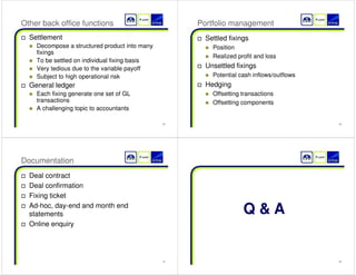 61 
Portfolio netting 
Current expsoure with netting 
ª N 
º 
« ¦ 
» 
¬ ¼ 
= Max - Market value , 0 
k 
k=1 
Current expsoure without netting 
 @ 
N 
¦ 
= Max - Market value , 0 
k 
k=1 
Net-gross ratio 
Current expsoure with netting 
= 
Current expsoure without net 
ting 
62 
Basel III 
current exposure method 
EAD 
= Current expsoure with netting 
+ 0.4 + 0.6 × Net-gross ratio 
  