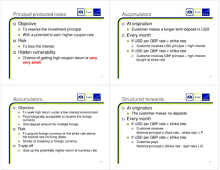 17 
Principal protected notes 
† Objective 
„ To reserve the investment principal 
„ With a potential to earn higher coupon rate 
† Risk 
„ To loss the interest 
† Hidden vulnerability 
„ Chance of getting high coupon return is very 
very small 
18 
Accumulators 
† At origination 
„ Customer makes a longer term deposit in USD 
† Every month 
„ If USD per GBP rate  strike rate 
† Customer receives USD principal + high interest 
„ If USD per GBP rate  strike rate 
† Customer receives GBP principal + high interest 
bought at strike rate 
19 
Accumulators 
† Objective 
„ To seek high return under a low interest environment 
„ Psychologically acceptable to receive the foreign 
currency 
„ One deposit amount for multiple fixings 
† Risk 
„ To acquire foreign currency at the strike rate above 
the market rate on fixing dates 
„ Similar to investing in foreign currency 
† Trade off 
„ Give up the potentially higher return of currency rate 
20 
Structured forwards 
† At origination 
„ The customer makes no deposits 
† Every month 
„ If USD per GBP rate  strike rate 
† Customer receives 
Notional principal x (Spot rate ± strike rate) x P 
„ If USD per GBP rate  strike rate 
† Customer pays 
Notional principal x (Strike rate - spot rate) x Q 
 