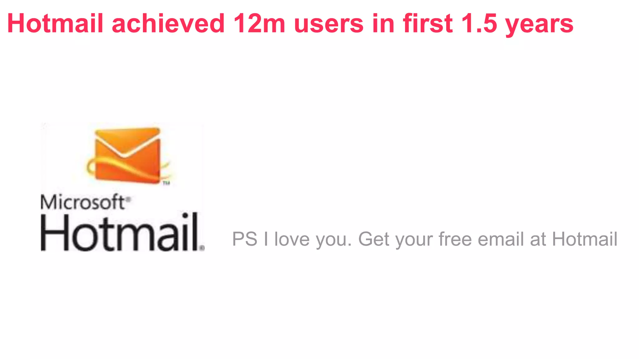 Hotmail achieved 12m users in first 1.5 years 
PS I love you. Get your free email at Hotmail 
 