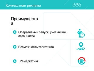 Контекстная реклама 
Преимуществ 
а 
Оперативный запуск, учет акций, 
сезонности 
Возможность таргетинга 
Ремаркетинг 
 