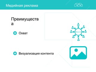Медийная реклама 
Преимуществ 
а 
Охват 
Визуализация контента 
 