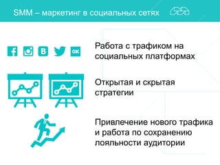SMM – маркетинг в социальных сетях 
Работа с трафиком на 
социальных платформах 
Открытая и скрытая 
стратегии 
Привлечение нового трафика 
и работа по сохранению 
лояльности аудитории 
 