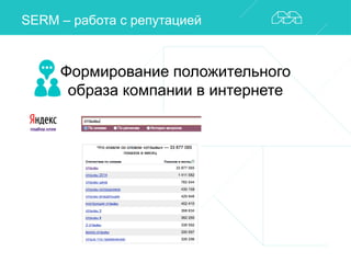 SERM – работа с репутацией 
Формирование положительного 
образа компании в интернете 
 