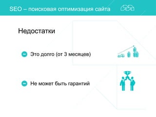 SEO – поисковая оптимизация сайта 
Недостатки 
Это долго (от 3 месяцев) 
Не может быть гарантий 
 