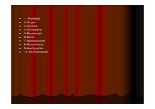  1- Prehistòria 
 2- Art grec 
 3- Art romà 
 4- Art medieval 
 5- Renaixement 
 6- Barroc 
 7- Neoclassicisme 
 8- Romanticisme 
 9- Avantguardes 
 10- Art contemporani 
