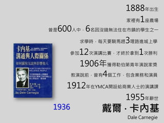 家裡有1座農場 
求學時，每天要騎馬趕3哩路進城上學 
1888年出生 
曾是600人中，6名因沒錢無法住在市鎮的學生之一 
參加12次演講比賽，才終於拿到1次勝利 
1906年獲得勒伯第青年演說家獎 
教演說前，曾有4個工作，包含業務和演員 ...