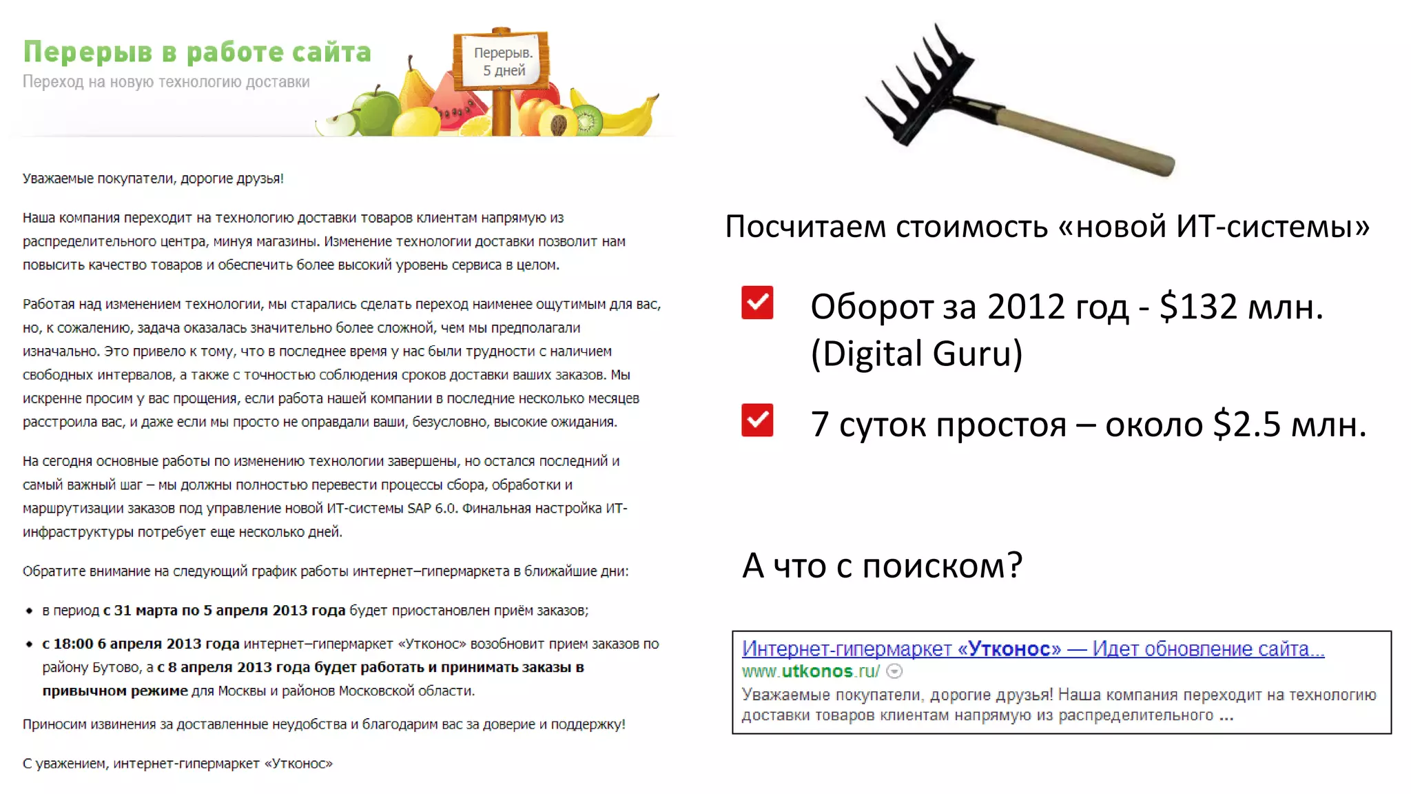 Посчитаем стоимость «новой ИТ-системы» 
Оборот за 2012 год - $132 млн. 
(Digital Guru) 
7 суток простоя – около $2.5 млн. 
А что с поиском? 
 