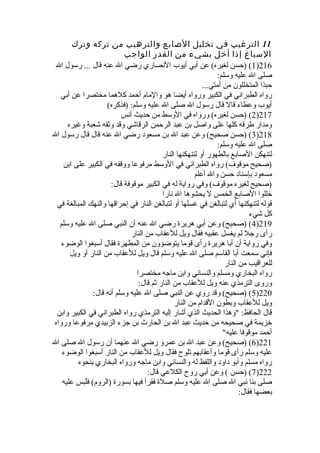 11‫وترك‬ ‫تركه‬ ‫من‬ ‫والترهيب‬ ‫الصابع‬ ‫تخليل‬ ‫في‬ ‫الترغيب‬
‫الواجب‬ ‫القدر‬ ‫من‬ ‫بشيء‬ ‫أخل‬ ‫إذا‬ ‫السباغ‬
216)1‫ال‬ ‫رسول‬ ... ‫قال‬ ‫عنه‬ ‫ال‬ ‫رضي‬ ‫النصاري‬ ‫أيوب‬ ‫أبي‬ ‫عن‬ (‫لغيره‬ ‫)حسن‬ (
:‫وسلم‬ ‫عليه‬ ‫ال‬ ‫صلى‬
...‫أمتي‬ ‫من‬ ‫المتخللون‬ ‫حبذا‬
‫أبي‬ ‫عن‬ ‫مختصرا‬ ‫كلهما‬ ‫أحمد‬ ‫والمام‬ ‫هو‬ ‫أيضا‬ ‫ورواه‬ ‫الكبير‬ ‫في‬ ‫الطبراني‬ ‫رواه‬
(‫)فذكره‬ :‫وسلم‬ ‫عليه‬ ‫ال‬ ‫صلى‬ ‫ال‬ ‫رسول‬ ‫قال‬ ‫قال‬ ‫وعطاء‬ ‫أيوب‬
217)2‫أنس‬ ‫حديث‬ ‫من‬ ‫الوسط‬ ‫في‬ ‫ورواه‬ (‫لغيره‬ ‫)حسن‬ (
‫وغيره‬ ‫شعبة‬ ‫وةثقه‬ ‫وقد‬ ‫الرقاشي‬ ‫الرحمن‬ ‫عبد‬ ‫بن‬ ‫واصل‬ ‫على‬ ‫كلها‬ ‫طرقه‬ ‫ومدار‬
218)3‫ال‬ ‫رسول‬ ‫قال‬ ‫قال‬ ‫عنه‬ ‫ال‬ ‫رضي‬ ‫مسعود‬ ‫بن‬ ‫ال‬ ‫عبد‬ ‫وعن‬ (‫صحيح‬ ‫)حسن‬ (
:‫وسلم‬ ‫عليه‬ ‫ال‬ ‫صلى‬
‫النار‬ ‫لتنهكنها‬ ‫أو‬ ‫بالطهور‬ ‫الصابع‬ ‫لتنهكن‬
‫ابن‬ ‫على‬ ‫الكبير‬ ‫في‬ ‫ووقفه‬ ‫مرفوعا‬ ‫الوسط‬ ‫في‬ ‫الطبراني‬ ‫رواه‬ (‫موقوف‬ ‫)صحيح‬
‫أعلم‬ ‫وال‬ ‫حسن‬ ‫بإسناد‬ ‫مسعود‬
:‫قال‬ ‫موقوفة‬ ‫الكبير‬ ‫في‬ ‫له‬ ‫رواية‬ ‫وفي‬ (‫موقوف‬ ‫لغيره‬ ‫)صحيح‬
‫نارا‬ ‫ال‬ ‫يحشوها‬ ‫ل‬ ‫الخمس‬ ‫الصابع‬ ‫خللوا‬
‫في‬ ‫المبالغة‬ ‫والنهك‬ ‫إحراقها‬ ‫في‬ ‫النار‬ ‫لتبالغن‬ ‫أو‬ ‫غسلها‬ ‫في‬ ‫لتبالغن‬ ‫أي‬ ‫لتنهكنها‬ ‫قوله‬
‫شيء‬ ‫كل‬
219)4‫وسلم‬ ‫عليه‬ ‫ال‬ ‫صلى‬ ‫النبي‬ ‫أن‬ ‫عنه‬ ‫ال‬ ‫رضي‬ ‫هريرة‬ ‫أبي‬ ‫وعن‬ (‫)صحيح‬ (
‫النار‬ ‫من‬ ‫للعقاب‬ ‫ويل‬ ‫فقال‬ ‫عقبيه‬ ‫يغسل‬ ‫لم‬ ‫رجل‬ ‫رأى‬
‫الوضوء‬ ‫أسبغوا‬ ‫فقال‬ ‫مطهرة‬ِ‫ل‬ ‫ال‬ ‫من‬ ‫يتوضؤون‬ ‫قوما‬ ‫رأى‬ ‫هريرة‬ ‫أبا‬ ‫أن‬ ‫رواية‬ ‫وفي‬
‫ويل‬ ‫أو‬ ‫النار‬ ‫من‬ ‫للعقاب‬ ‫ويل‬ ‫قال‬ ‫وسلم‬ ‫عليه‬ ‫ال‬ ‫صلى‬ ‫القاسم‬ ‫أبا‬ ‫سمعت‬ ‫فإني‬
‫النار‬ ‫من‬ ‫للعراقيب‬
‫مختصرا‬ ‫ماجه‬ ‫وابن‬ ‫والنسائي‬ ‫ومسلم‬ ‫البخاري‬ ‫رواه‬
:‫قال‬ ‫ةثم‬ ‫النار‬ ‫من‬ ‫للعقاب‬ ‫ويل‬ ‫عنه‬ ‫الترمذي‬ ‫وروى‬
220)5:‫قال‬ ‫أنه‬ ‫وسلم‬ ‫عليه‬ ‫ال‬ ‫صلى‬ ‫النبي‬ ‫عن‬ ‫روي‬ ‫وقد‬ (‫)صحيح‬ (
‫النار‬ ‫من‬ ‫القدام‬ ‫وبطون‬ ‫للعقاب‬ ‫ويل‬
‫وابن‬ ‫الكبير‬ ‫في‬ ‫الطبراني‬ ‫رواه‬ ‫الترمذي‬ ‫إليه‬ ‫أشار‬ ‫الذي‬ ‫الحديث‬ ‫وهذا‬ :‫الحافظ‬ ‫قال‬
‫ورواه‬ ‫مرفوعا‬ ‫الزبيدي‬ ‫جزء‬ ‫بن‬ ‫الحار ث‬ ‫بن‬ ‫ال‬ ‫عبد‬ ‫حديث‬ ‫من‬ ‫صحيحه‬ ‫في‬ ‫خزيمة‬
‫عليه‬ ‫موقوفا‬ ‫أحمد‬
221)6‫ال‬ ‫صلى‬ ‫ال‬ ‫رسول‬ ‫أن‬ ‫عنهما‬ ‫ال‬ ‫رضي‬ ‫عمرو‬ ‫بن‬ ‫ال‬ ‫عبد‬ ‫وعن‬ (‫)صحيح‬ (
‫الوضوء‬ ‫أسبغوا‬ ‫النار‬ ‫من‬ ‫للعقاب‬ ‫ويل‬ ‫فقال‬ ‫تلوح‬ ‫وأعقابهم‬ ‫قوما‬ ‫رأى‬ ‫وسلم‬ ‫عليه‬
‫بنحوه‬ ‫البخاري‬ ‫ورواه‬ ‫ماجه‬ ‫وابن‬ ‫والنسائي‬ ‫له‬ ‫واللفظ‬ ‫داود‬ ‫وأبو‬ ‫مسلم‬ ‫رواه‬
222)7:‫قال‬ ‫الكلعي‬ ‫روح‬ ‫أبي‬ ‫وعن‬ ( ‫)حسن‬ (
‫عليه‬ ‫لبس‬ُ‫ف‬‫ف‬ (‫)الروم‬ ‫بسورة‬ ‫فيها‬ ‫فقرأ‬ ‫صلة‬ ‫وسلم‬ ‫عليه‬ ‫ال‬ ‫صلى‬ ‫ال‬ ‫نبي‬ ‫بنا‬ ‫صلى‬
:‫فقال‬ ‫بعضها‬
 