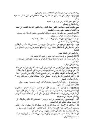 ‫والبيهقي‬ ،‫صحيح‬ ‫أحدها‬ ‫بأسانيد‬ ‫الكبير‬ ‫في‬ ‫الطبراني‬ ‫رواه‬
26)5‫عليه‬ ‫ال‬ ‫صلى‬ ‫النبي‬ ‫قال‬ ‫قال‬ ‫عنه‬ ‫ال‬ ‫رضي‬ ‫ال‬ ‫عبد‬ ‫بن‬ ‫جندب‬ ‫وعن‬ (‫)صحيح‬ (
:‫وسلم‬
‫به‬ ‫ال‬ ‫يراء‬ ‫يراء‬ ‫ومن‬ ‫به‬ ‫ال‬ ‫سمع‬ ‫سمع‬ ‫من‬
‫ومسلم‬ ‫البخاري‬ ‫رواه‬
‫عمله‬ ‫في‬ ‫الفاسدة‬ ‫نيته‬ ‫ال‬ ‫أظهر‬ ‫رياء‬ ‫للناس‬ ‫عمله‬ ‫أظهر‬ ‫من‬ ‫ومعناه‬ ‫الميم‬ ‫بتشديد‬ ‫سمع‬
‫الشهاد‬ ‫رؤوس‬ ‫على‬ ‫وفضحه‬ ‫القيامة‬ ‫يوم‬
27)6‫سمعت‬ ‫قال‬ ‫عنه‬ ‫ال‬ ‫رضي‬ ‫الشجعي‬ ‫مالك‬ ‫بن‬ ‫عوف‬ ‫وعن‬ (‫لغيره‬ ‫)صحيح‬ (
:‫يقول‬ ‫وسلم‬ ‫عليه‬ ‫ال‬ ‫صلى‬ ‫ال‬ ‫رسول‬
‫به‬ ‫ال‬ ‫مع‬ّ‫ر‬ ‫س‬ ‫سمعة‬ ‫مقام‬ ‫قام‬ ‫ومن‬ ‫به‬ ‫ال‬ ‫راءى‬ ‫رياء‬ ‫مقام‬ ‫قام‬ ‫من‬
‫حسن‬ ‫بإسناد‬ ‫الطبراني‬ ‫رواه‬
28)7:‫قال‬ ‫وسلم‬ ‫عليه‬ ‫ال‬ ‫صلى‬ ‫ال‬ ‫رسول‬ ‫عن‬ ‫جبل‬ ‫بن‬ ‫معاذ‬ ‫وعن‬ (‫لغيره‬ ‫)صحيح‬ (
‫يوم‬ ‫الخلئق‬ ‫رؤوس‬ ‫على‬ ‫به‬ ‫ال‬ ‫مع‬ّ‫ر‬ ‫س‬ ‫إل‬ ‫ورياء‬ ‫سمعة‬ ‫مقام‬ ‫الدنيا‬ ‫في‬ ‫يقوم‬ ‫عبد‬ ‫من‬ ‫ما‬
‫القيامة‬
‫حسن‬ ‫بإسناد‬ ‫الطبراني‬ ‫رواه‬
29)8:‫قال‬ ‫عنهما‬ ‫ال‬ ‫رضي‬ ‫عباس‬ ‫ابن‬ ‫وعن‬ (‫موقوف‬ ‫)صحيح‬ (
‫يغني‬ ‫هل‬ ‫انظر‬ ‫وقال‬ ‫القيامة‬ ‫يوم‬ ‫إليه‬ ‫ال‬ ‫له‬َ‫ ق‬‫ك‬َ‫ ق‬َ‫ ق‬ ‫و‬ ‫عمله‬ ‫من‬ ‫الدنيا‬ ‫في‬ ‫بشيء‬ ‫راءى‬ ‫من‬
‫شيئا‬ ‫عنك‬
‫موقوفا‬ ‫البيهقي‬ ‫رواه‬
30)9‫جده‬ ‫عن‬ ‫أبيه‬ ‫عن‬ ‫الخدري‬ ‫سعيد‬ ‫أبي‬ ‫بن‬ ‫الرحمن‬ ‫عبد‬ ‫بن‬ ‫ربيح‬ُ‫ف‬ ‫وعن‬ (‫)حسن‬ (
:‫فقال‬ ‫الدجال‬ ‫المسيح‬ ‫نتذاكر‬ ‫ونحن‬ ‫وسلم‬ ‫عليه‬ ‫ال‬ ‫صلى‬ ‫ال‬ ‫رسول‬ ‫علينا‬ ‫خرج‬ :‫قال‬
! ‫الف‬ ‫رسول‬ ‫يا‬ ‫بلى‬ :‫فقلنا‬ ‫الدجال؟‬ ‫المسيح‬ ‫من‬ ‫عندي‬ ‫عليكم‬ ‫أخوف‬ ‫هو‬ ‫بما‬ ‫أخبركم‬ ‫أل‬
‫رجل‬ ‫نظر‬ ‫من‬ ‫يرى‬ ‫لما‬ ‫صلته‬ ‫فيزين‬ ‫فيصلي‬ ‫الرجل‬ ‫يقوم‬ ‫أن‬ ،‫الخفي‬ ‫الشرك‬ :‫فقال‬
‫والبيهقي‬ ‫ماجه‬ ‫ابن‬ ‫رواه‬
‫ويأتي‬ ‫مهملة‬ ‫وحاء‬ ‫الحروف‬ ‫آخر‬ ‫ياء‬ ‫بعدها‬ ‫الموحدة‬ ‫الباء‬ ‫وفتح‬ ‫الراء‬ ‫بضم‬ ‫ربيح‬
‫تعالى‬ ‫ال‬ ‫شاء‬ ‫إن‬ ‫عليه‬ ‫الكلم‬
31)10‫يا‬ :‫فقال‬ ‫وسلم‬ ‫عليه‬ ‫ال‬ ‫صلى‬ ‫النبي‬ ‫خرج‬ :‫قال‬ ‫لبيد‬ ‫بن‬ ‫محمود‬ ‫وعن‬ ( ‫)حسن‬ (
‫يقوم‬ :‫قال‬ ‫السرائر‬ ‫شرك‬ ‫وما‬ ‫ال‬ ‫رسول‬ ‫يا‬ ‫قالوا‬ ‫السرائر‬ ‫وشرك‬ ‫إياكم‬ ‫الناس‬ ‫أيها‬
‫السرائر‬ ‫شرك‬ ‫فذلك‬ ‫إليه‬ ‫الناس‬ ‫نظر‬ ‫من‬ ‫يرى‬ ‫لما‬ ‫ا‬ً ‫جاهد‬ ‫صلته‬ ‫فيزين‬ ‫فيصلي‬ ‫الرجل‬
‫صحيحه‬ ‫في‬ ‫خزيمة‬ ‫ابن‬ ‫رواه‬
32)11‫إن‬ :‫قال‬ ‫وسلم‬ ‫عليه‬ ‫ال‬ ‫صلى‬ ‫ال‬ ‫رسول‬ ‫أن‬ ‫لبيد‬ ‫بن‬ ‫محمود‬ ‫وعن‬ (‫)صحيح‬ (
‫الصغر‬ ‫الشرك‬ ‫عليكم‬ ‫أخاف‬ ‫ما‬ ‫أخوف‬
‫الناس‬ ‫جزى‬ ‫إذا‬ ‫وجل‬ ‫عز‬ ‫ال‬ ‫يقول‬ ‫الرياء‬ ‫قال‬ ‫ال‬ ‫رسول‬ ‫يا‬ ‫الصغر‬ ‫الشرك‬ ‫وما‬ ‫قالوا‬
‫جزاء‬ ‫عندهم‬ ‫تجدون‬ ‫هل‬ ‫فانظروا‬ ‫الدنيا‬ ‫في‬ ‫تراؤون‬ ‫كنتم‬ ‫الذين‬ ‫إلى‬ ‫اذهبوا‬ ‫بأعمالهم‬
‫وغيره‬ ‫الزهد‬ ‫في‬ ‫والبيهقي‬ ‫الدنيا‬ ‫أبي‬ ‫وابن‬ ‫جيد‬ ‫بإسناد‬ ‫أحمد‬ ‫رواه‬
‫له‬ ‫يصح‬ ‫ولم‬ ‫وسلم‬ ‫عليه‬ ‫ال‬ ‫صلى‬ ‫النبي‬ ‫رأى‬ ‫لبيد‬ ‫بن‬ ‫ومحمود‬ ‫ال‬ ‫رحمه‬ ‫الحافظ‬ ‫قال‬
‫أرى‬ ‫فيما‬ ‫سماع‬ ‫منه‬
 