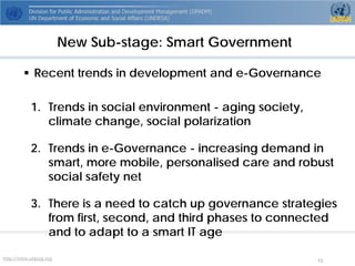 http://www.unpog.org 15 
 
Recent trends in development and e-Governance 
1. 
Trends in social environment -aging society, climate change, social polarization 
2. 
Trends in e-Governance -increasing demand in smart, more mobile, personalisedcare and robust social safety net 
3. 
There is a need to catch up governance strategies from first, second, and third phases to connected and to adapt to a smart IT age 
New Sub-stage: Smart Government  