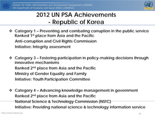http://www.unpog.org 45 
 
Category 1 –Preventing and combating corruption in the public service Ranked 1stplace from Asia and the Pacific 
Anti-corruption and Civil Rights Commission 
Initiative: Integrity assessment 
 
Category 3 –Fostering participation in policy-making decisions through innovative mechanisms 
Ranked 2ndplace from Asia and the Pacific 
Ministry of Gender Equality and Family 
Initiative: Youth Participation Committee 
 
Category 4 –Advancing knowledge management in government 
Ranked 2ndplace from Asia and the Pacific 
National Science & Technology Commission (NSTC) 
Initiative: Providing national science & technology information service 
2012 UN PSA Achievements -Republic of Korea  